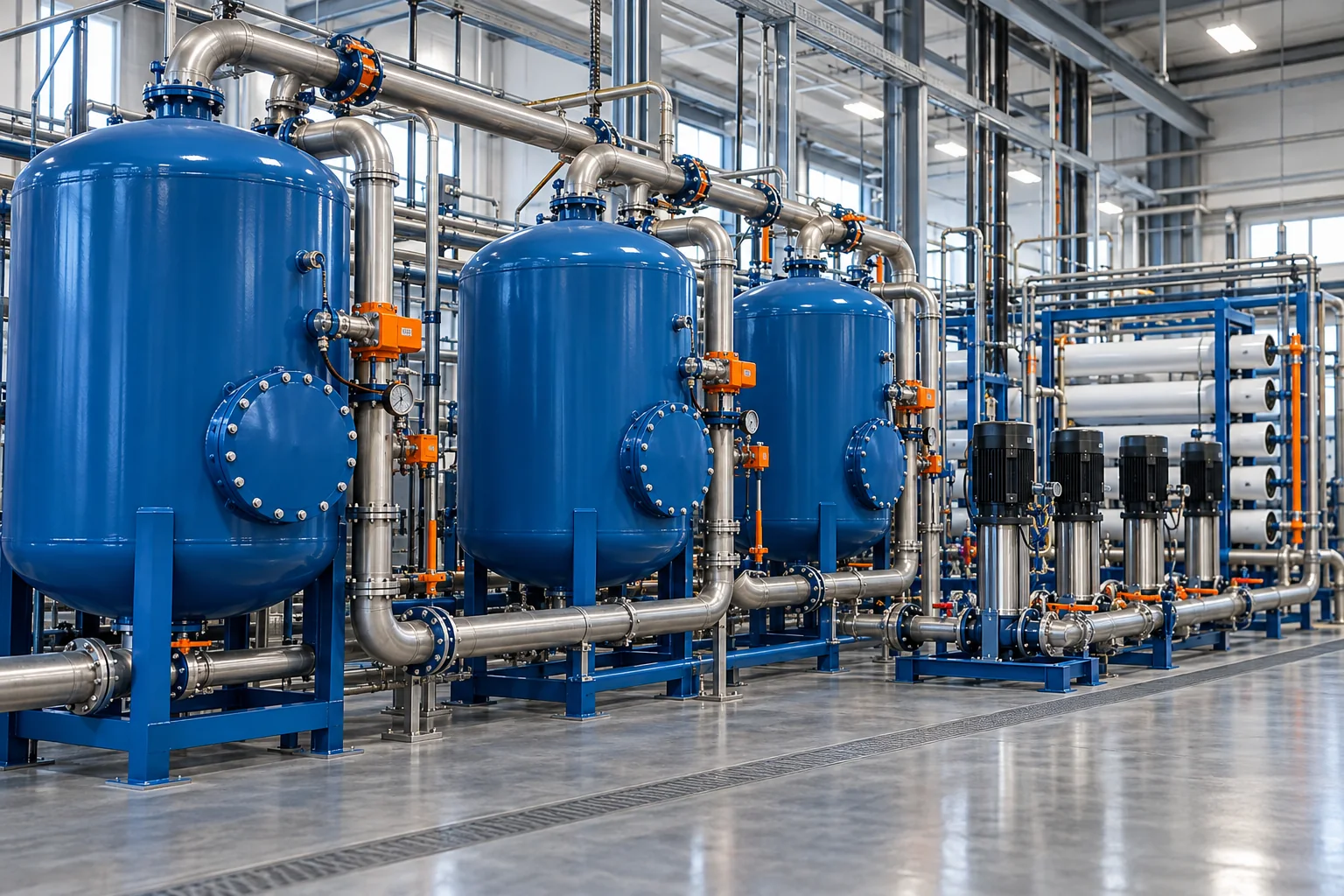Filtros, tuberías y bombas de un equipo de tratamiento de agua industrial