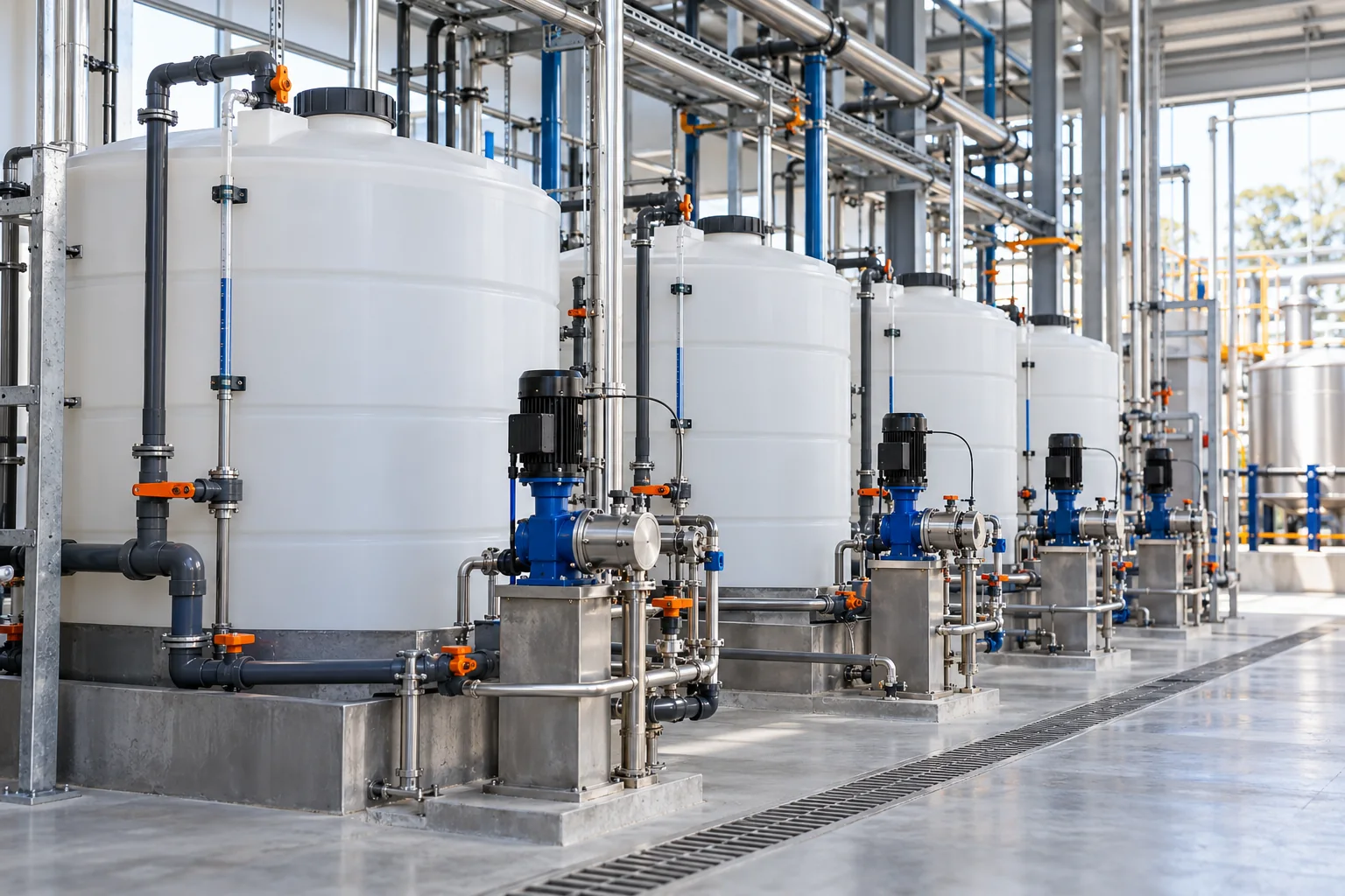 Tanques y bombas de dosificación de químicos para tratamiento de agua
