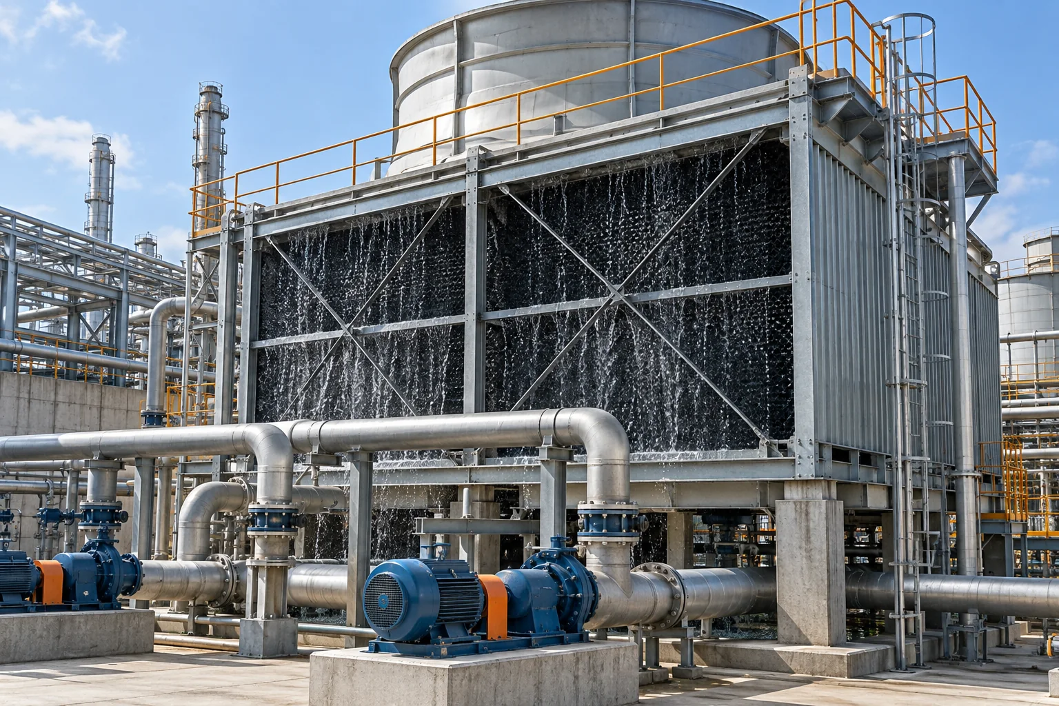 Torres y tuberías de un sistema industrial de enfriamiento
