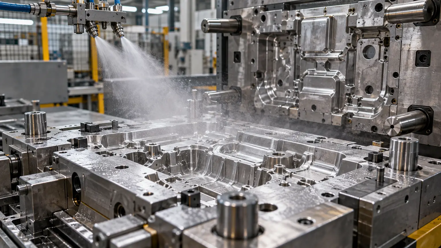 Molde industrial abierto en una línea de fundición a presión