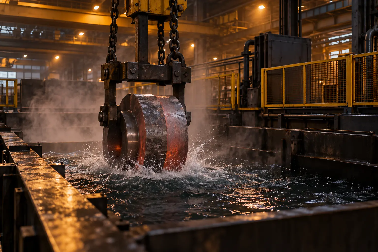 Pieza metálica sumergiéndose en una tina industrial de enfriamiento