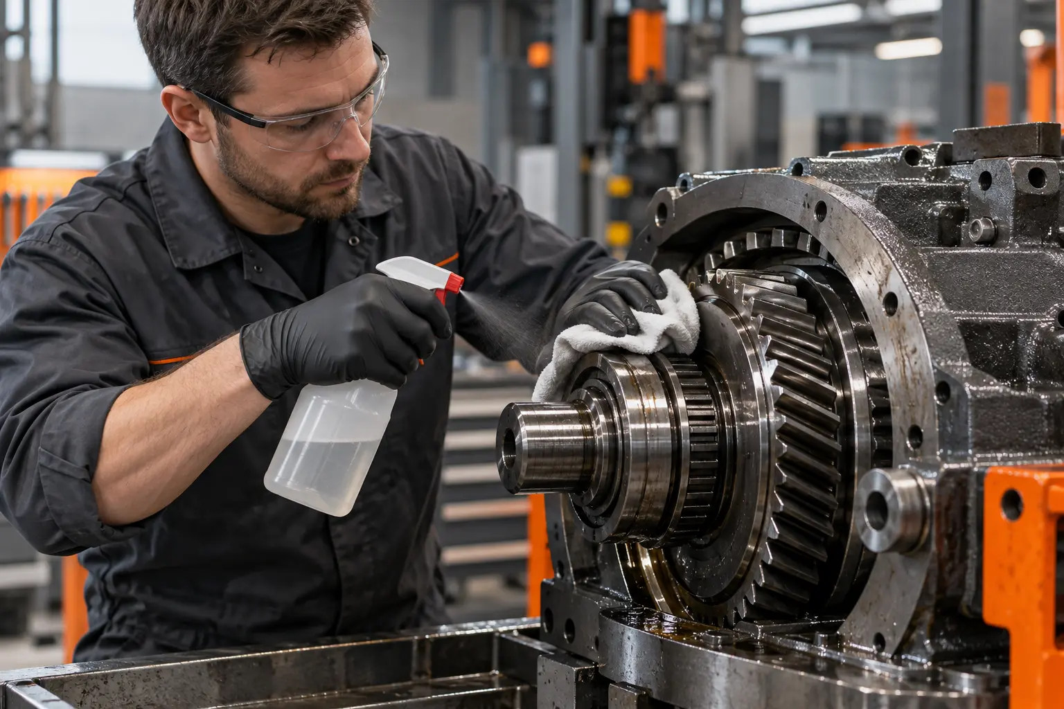 Técnico limpiando un componente mecánico industrial