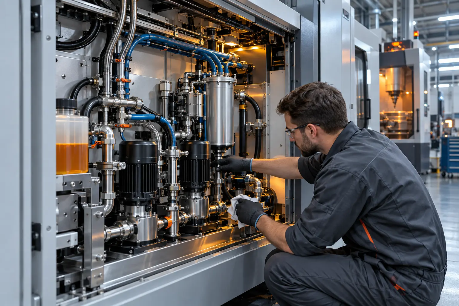 Técnico revisando bombas y circuitos internos de una máquina industrial