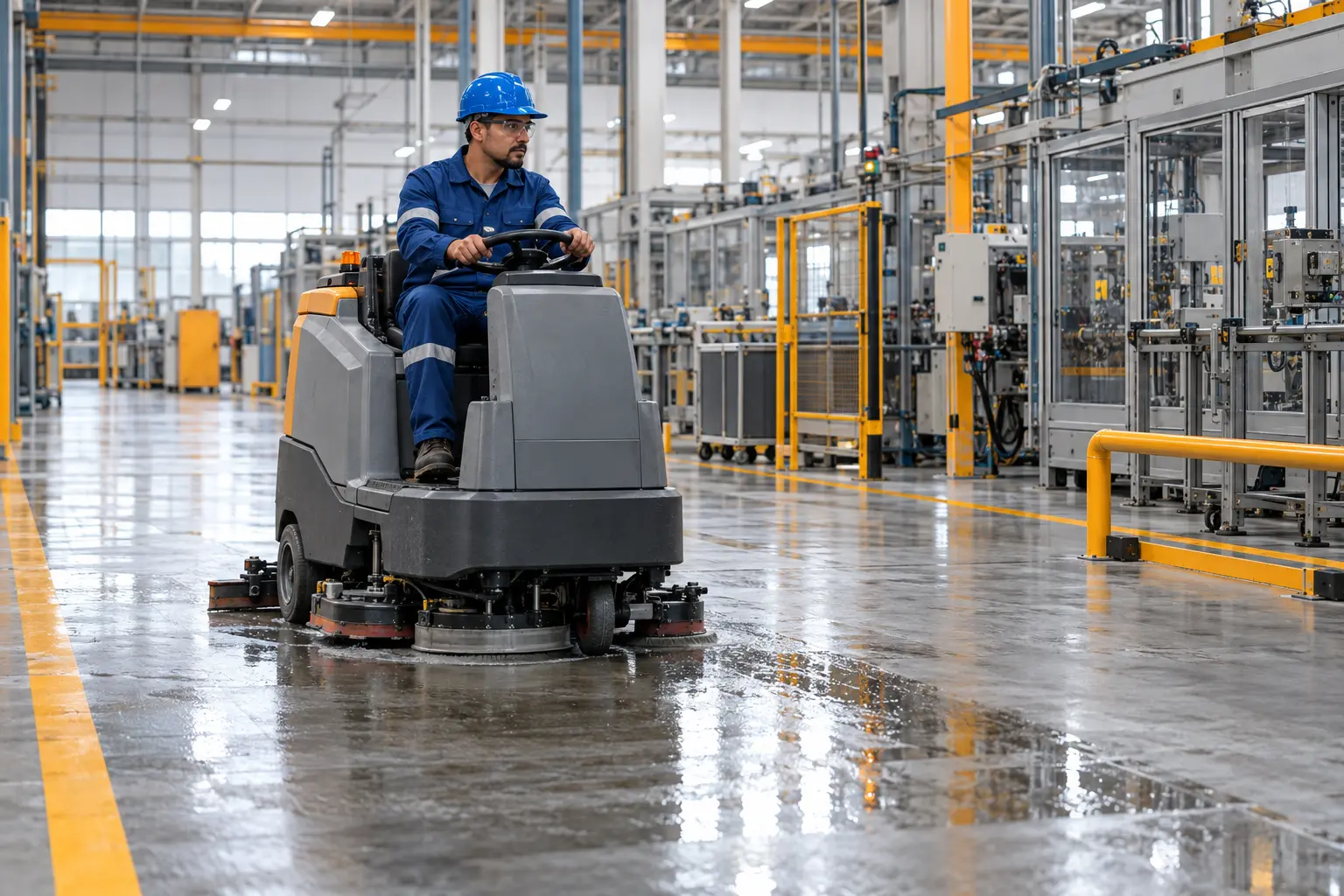 Operador limpiando el piso de una planta industrial