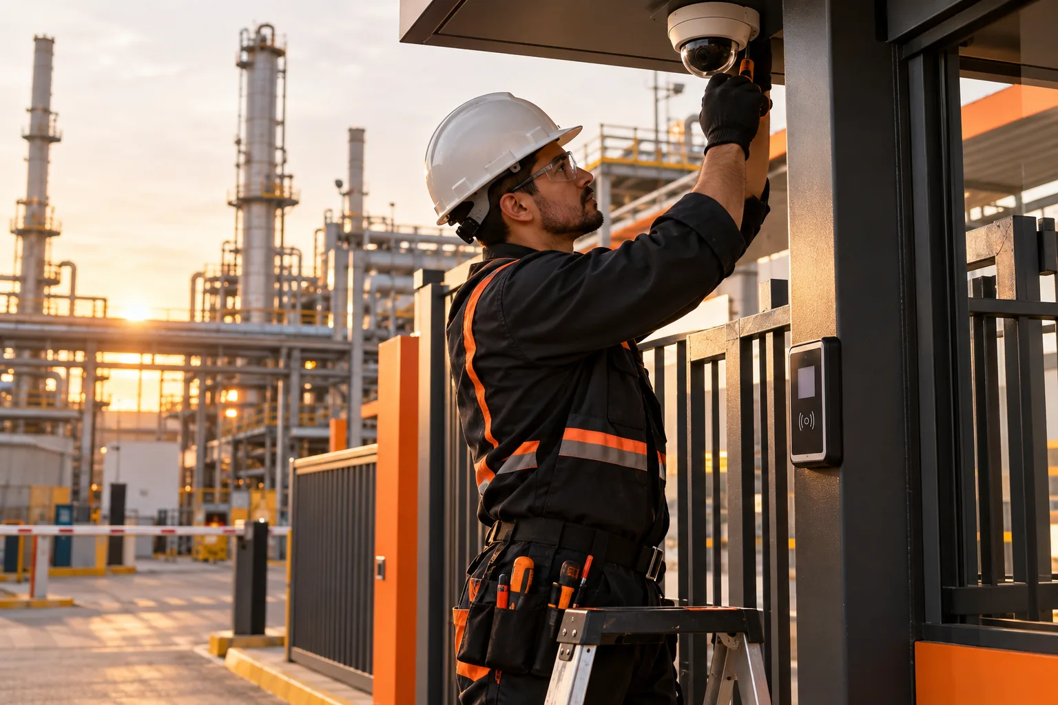 Técnico instalando una cámara de seguridad en un acceso industrial