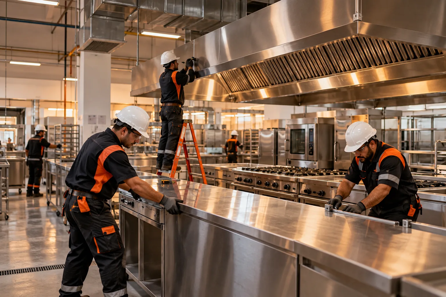 Instalación de equipo de acero inoxidable en una cocina industrial