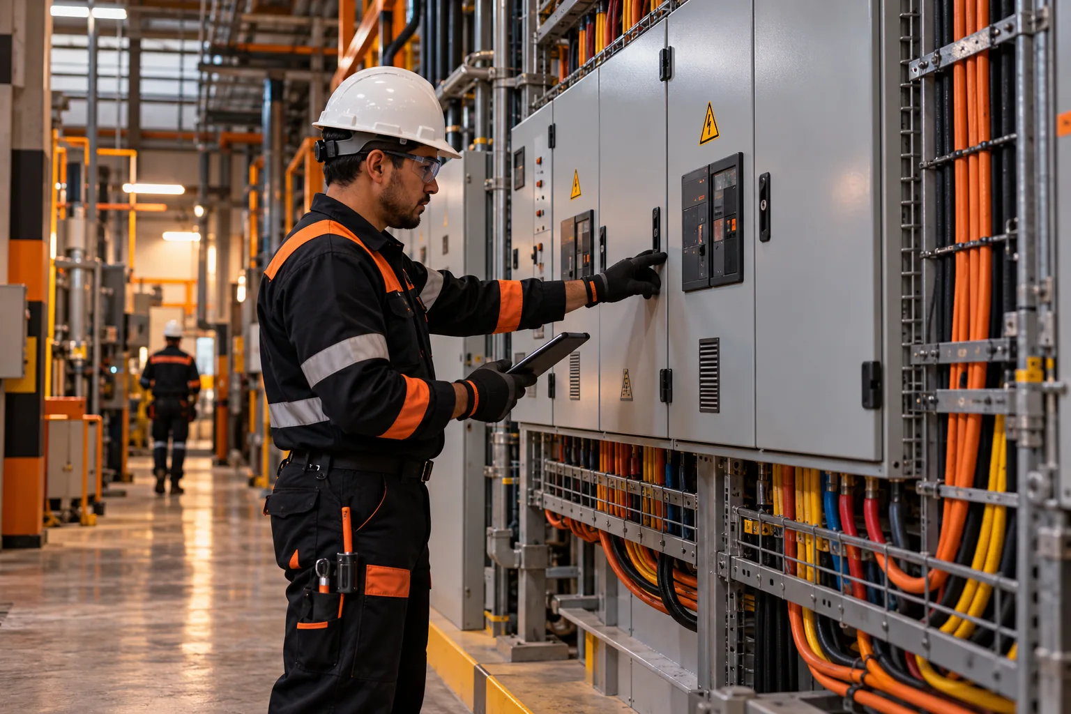 Técnico revisando un tablero eléctrico industrial
