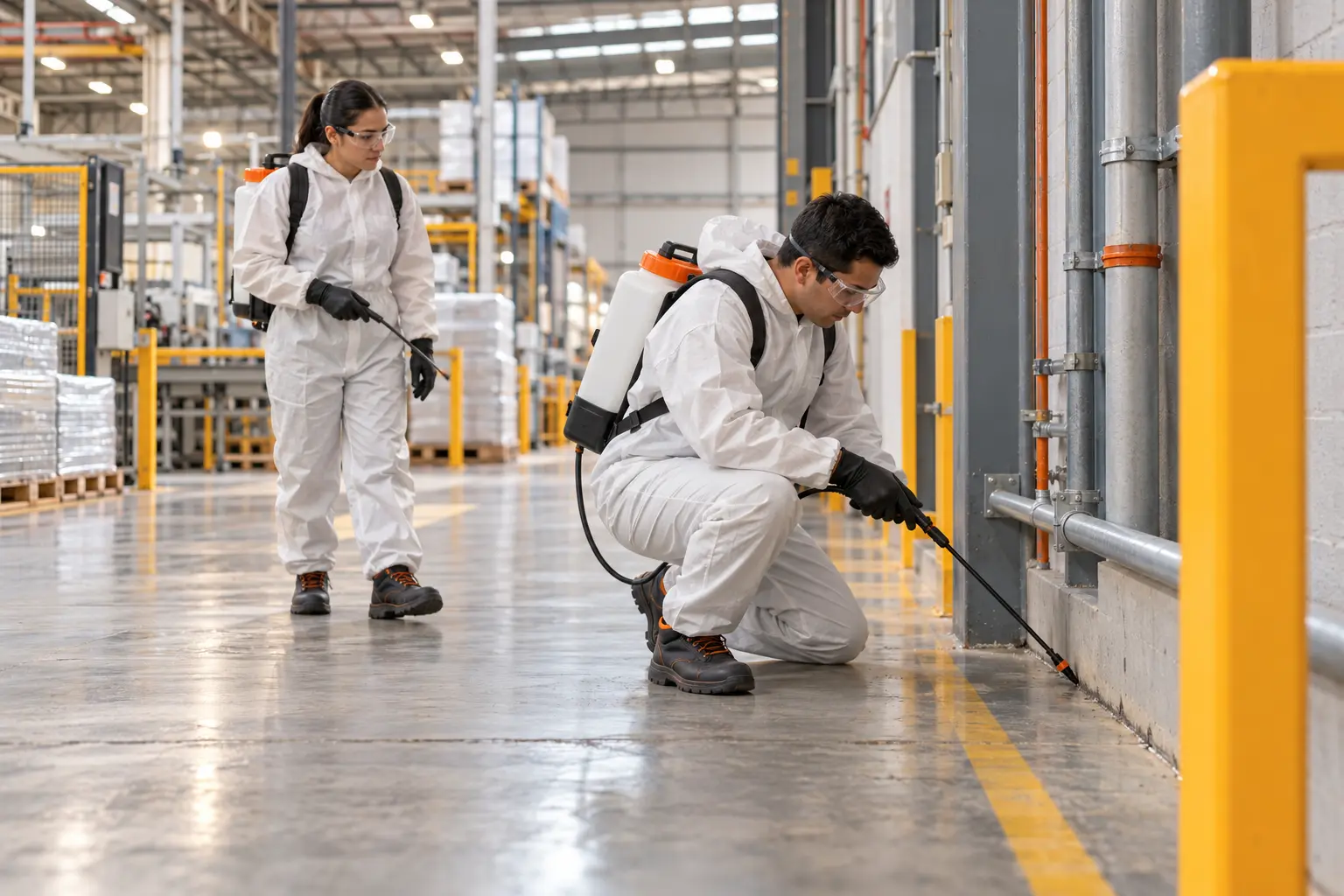 Personal técnico realizando control de plagas en una instalación industrial