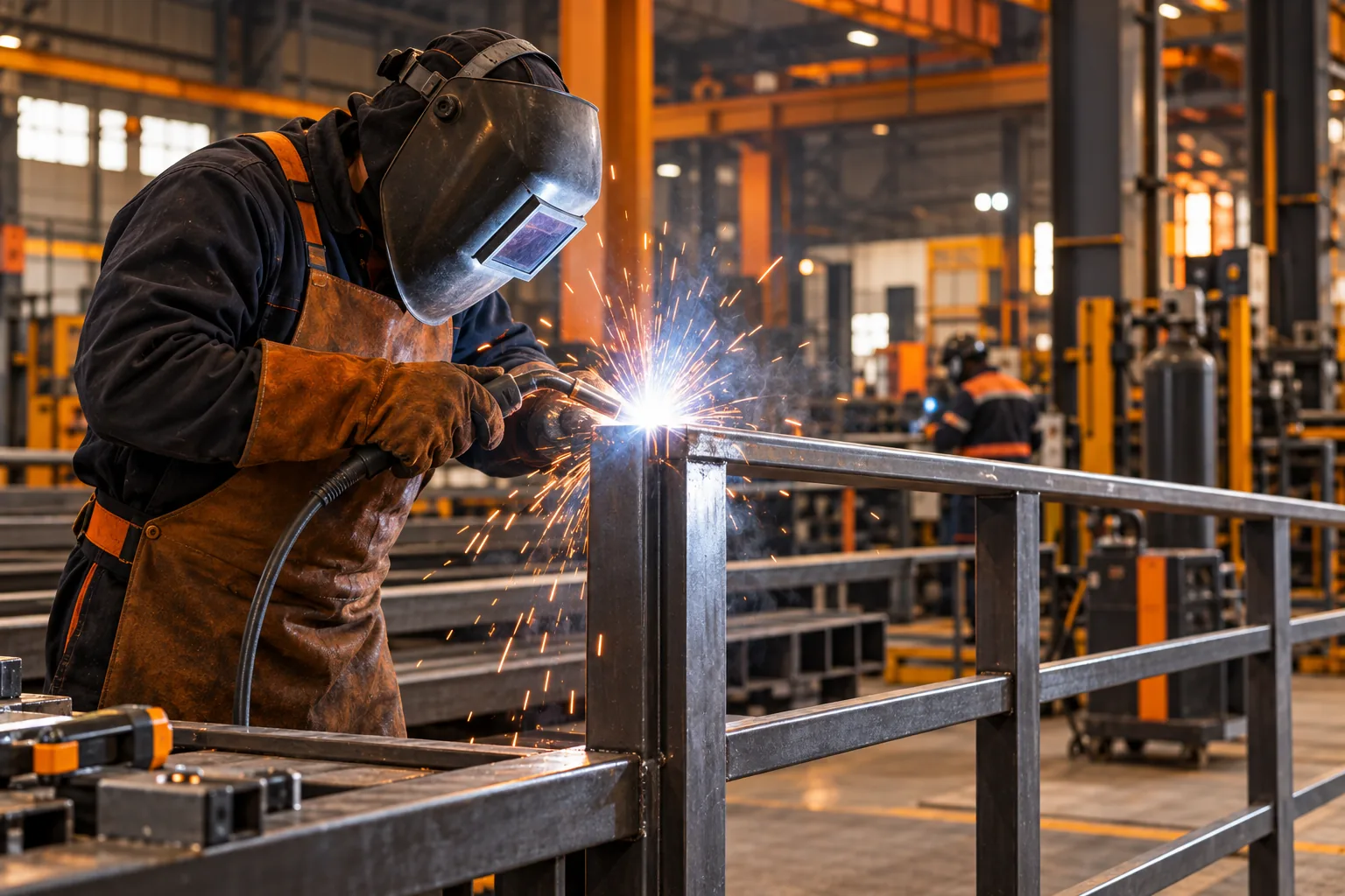 Soldador trabajando en una estructura metálica industrial
