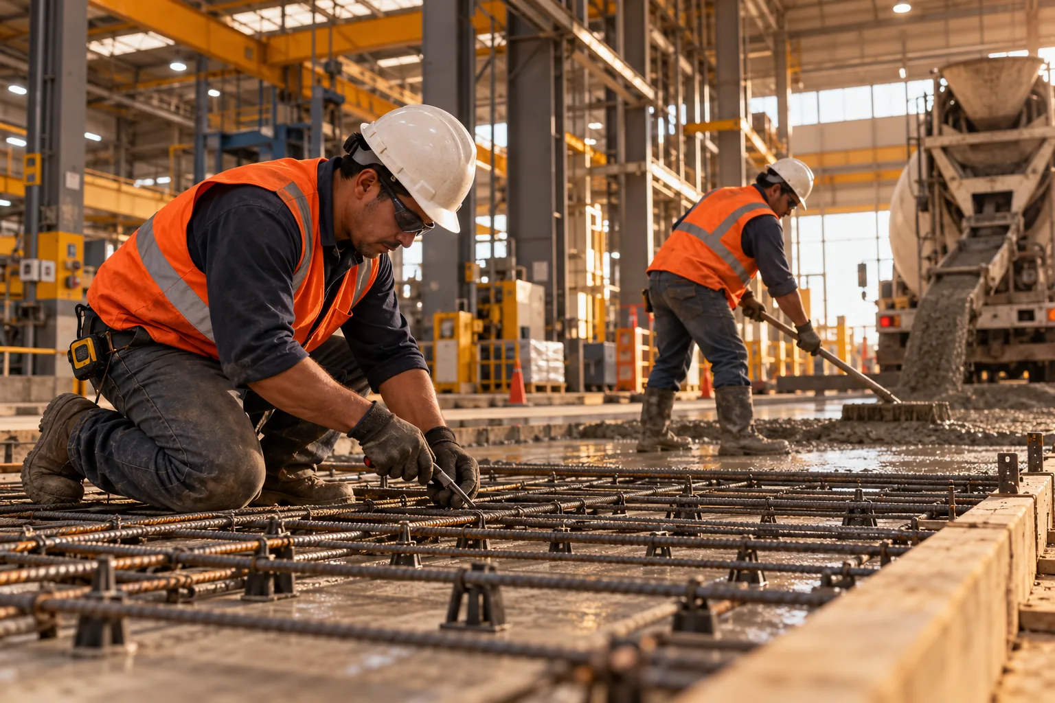 Personal trabajando en una obra civil dentro de una planta industrial