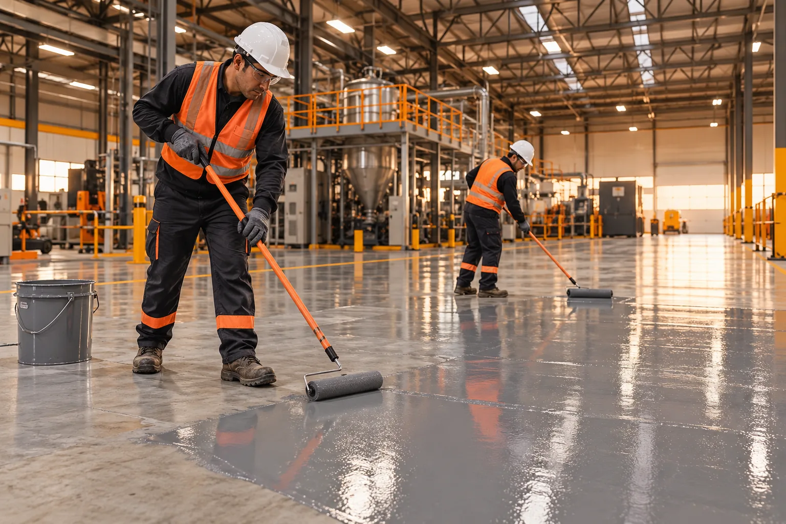 Técnicos aplicando recubrimiento epóxico en un piso industrial