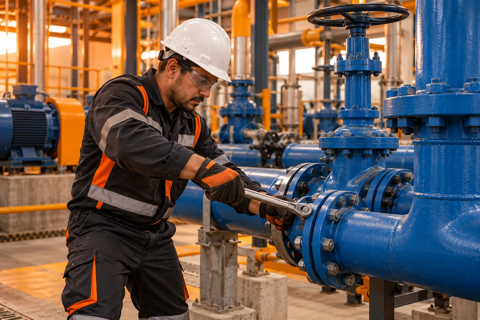 Técnico trabajando en tuberías y válvulas de una planta