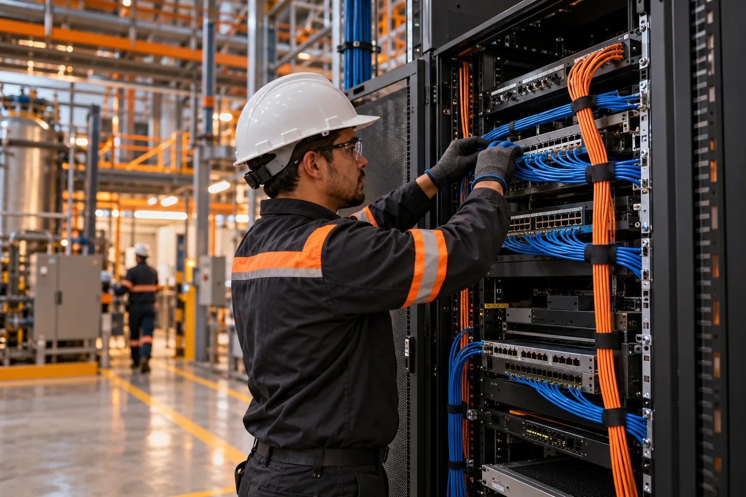 Técnico organizando cableado de red en un gabinete industrial