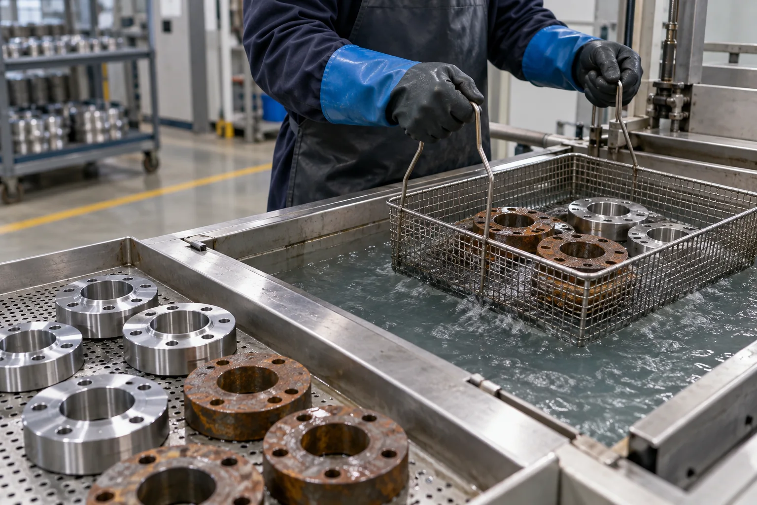 Piezas metálicas en un proceso de desoxidación industrial